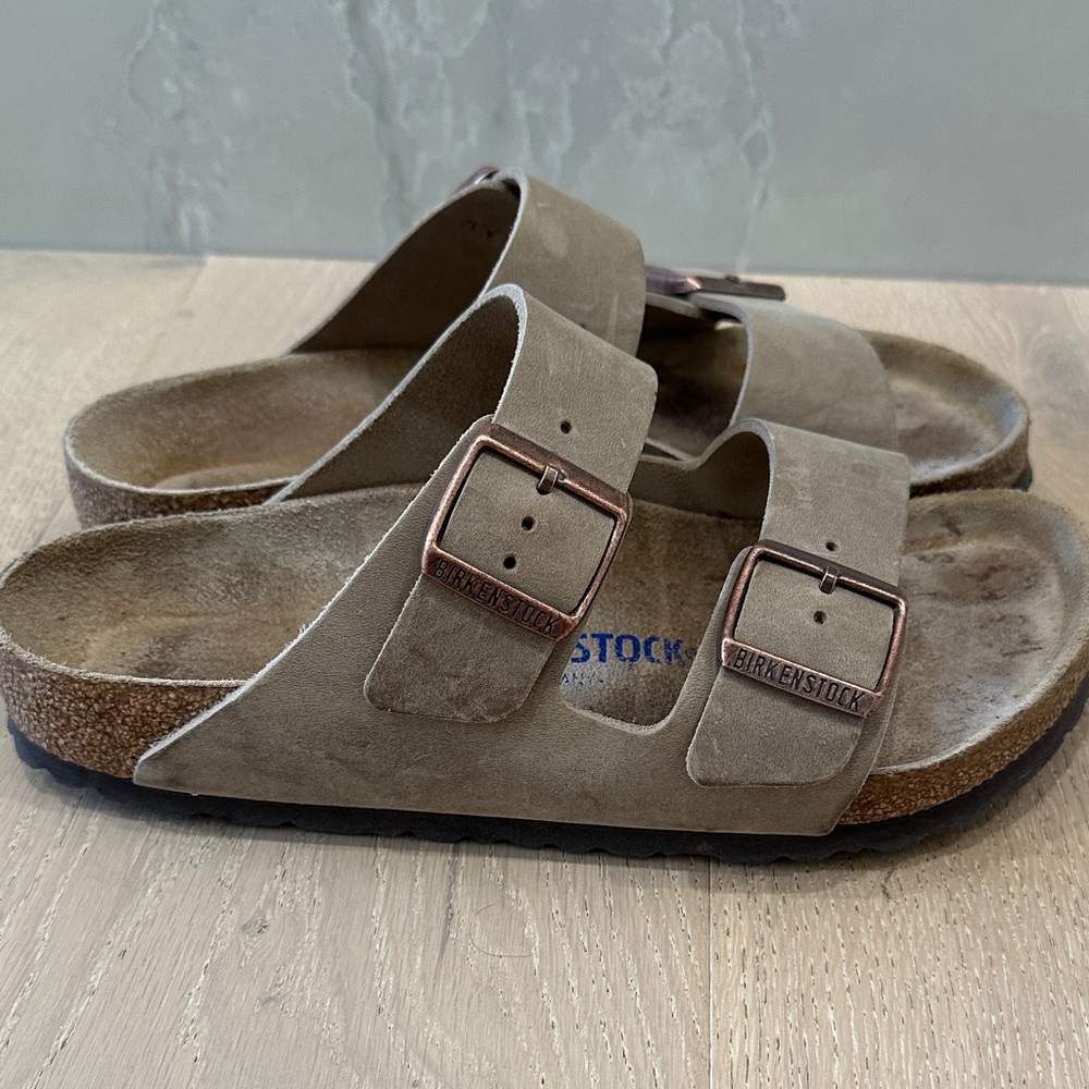 Birkenstock Taupe Suede Sandals with Copper Buckles
